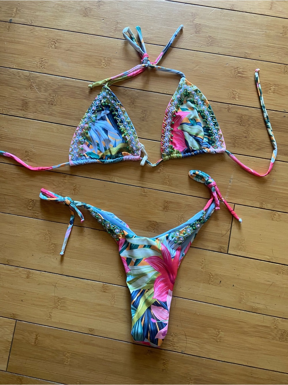 Colombian Beaded Swim  Tropical Floral String Bikini - Multicolor